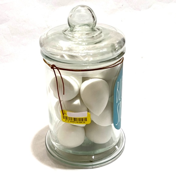 Rae Dunn BLENDING SPONGES 15 Makeup Sponges in Glass Jar White/Teal - Picture 7 of 9